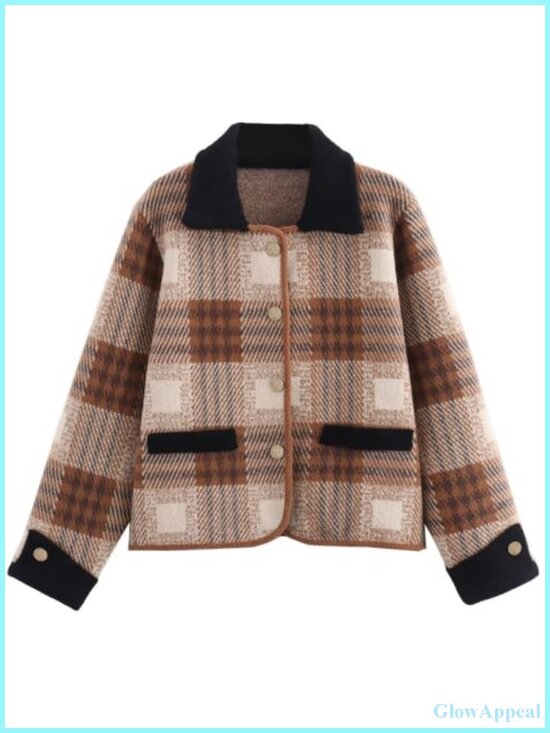 Sweaters - Vintage Plaid Long Sleeve Cardigan Sweater Coat with Pockets Women Knit Button